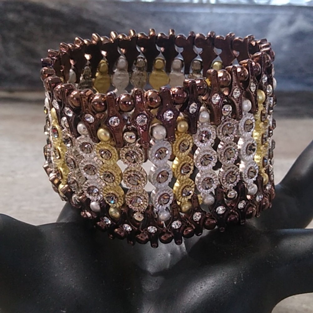 Bronze, Silver, Gold, Rhinestone Cuff Bracelet